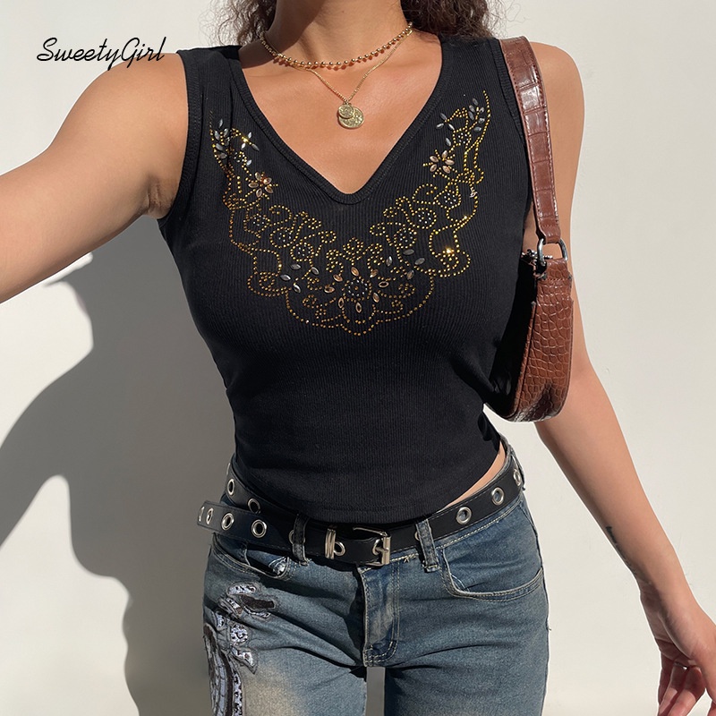 Áo Hai Dây Cổ Chữ V Đính Đá Phong Cách Retro Dành Cho Nữ