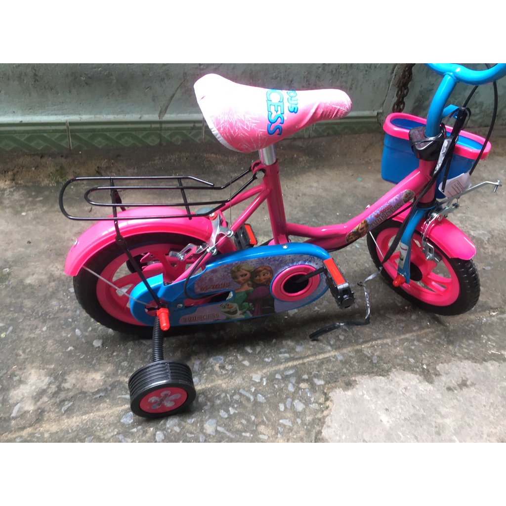 Xe đạp công chúa màu hồng cho bé 2-3-4-5-6 tuổi bánh 12 / 14 inch kèm 2 bánh phụ và kèn
