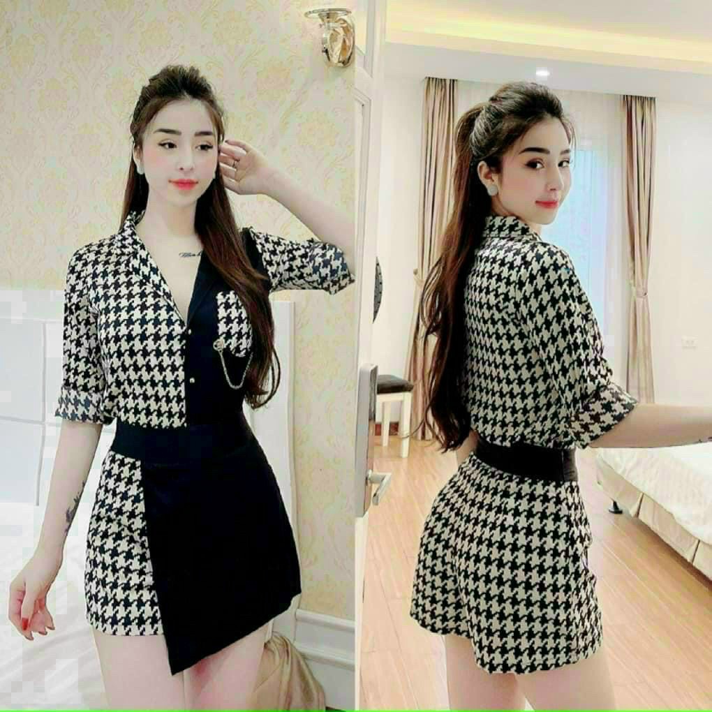 Sét Bộ nữ áo Vest Croptop Mix Chân Váy Kẻ Thời Trang cao cấp GKM