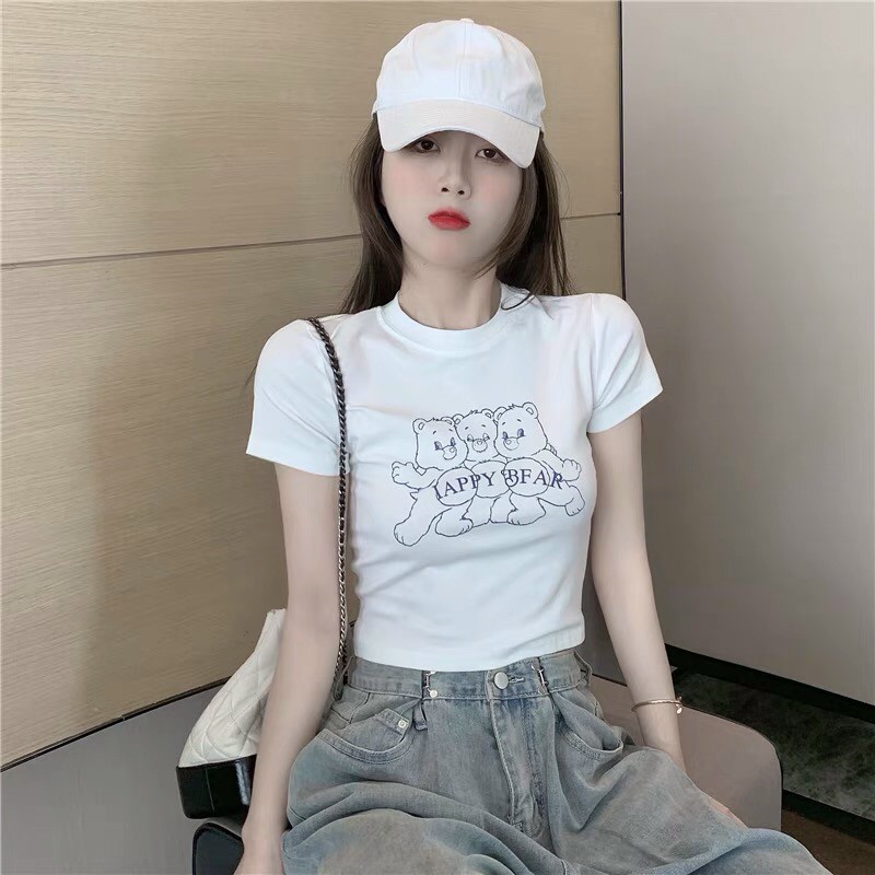 [MÃ TH6739 GIẢM 20% TỐI ĐA 30K ĐƠN TỐI THIỂU 500K] Áo croptop ngắn tay in họa tiết 3 con gấu