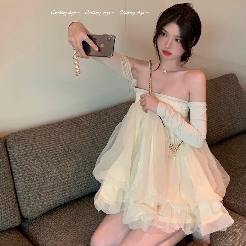 SET BỘ HOTGIRL ÁO TRỄ VAI NỮ DÀY TAY + ĐẦM ỐNG CÔNG TÚA REN DÁNG XÒE ULZZANG