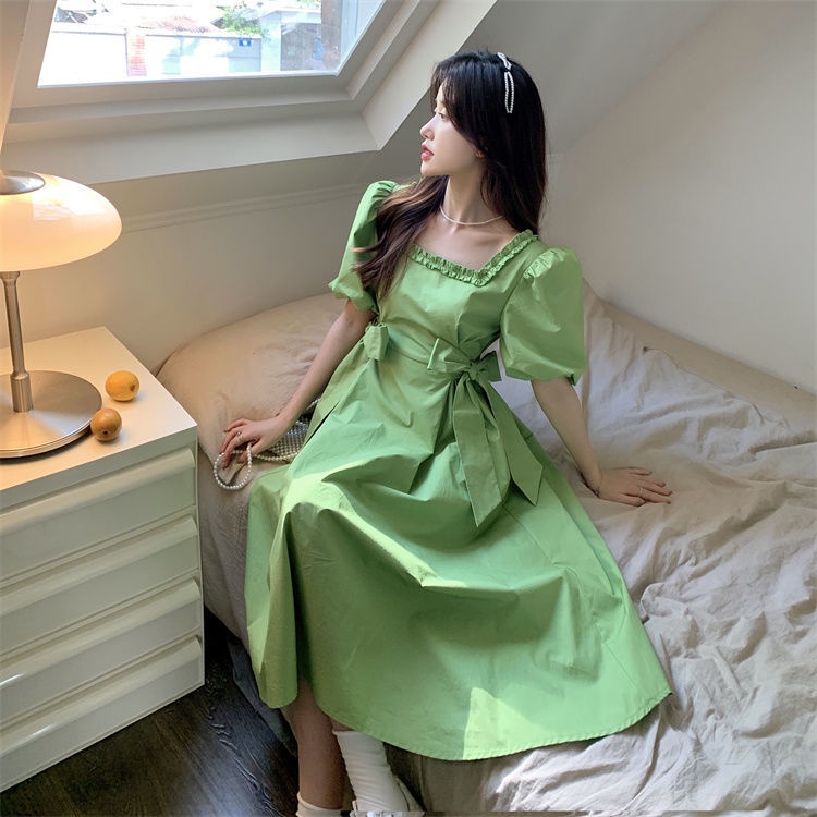 Đầm Tay Ngắn Cổ Vuông Dáng Rộng Thắt Nơ Phong Cách Hàn Quốc Thời Trang Cho Nữ