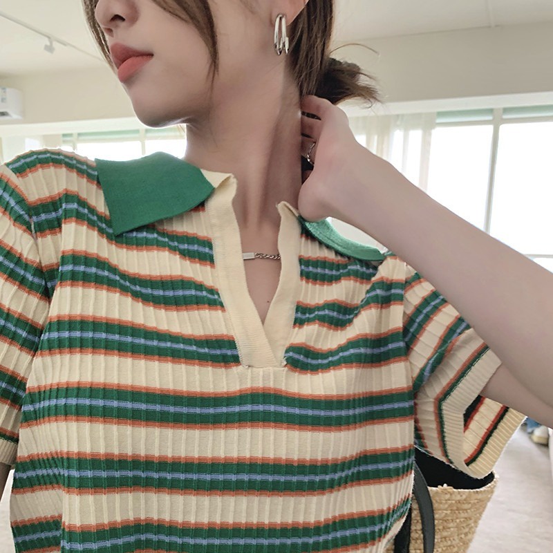 Áo croptop polo ZHELIHANGFEI dệt kim tay ngắn kẻ sọc kiểu vintage dễ thương thời trang