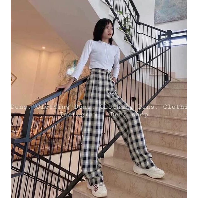 Quần kẻ caro ống rộng khóa thật | BigBuy360 - bigbuy360.vn