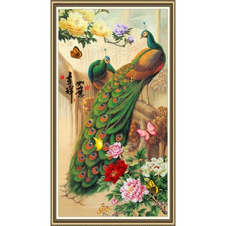 Tranh dán tường 3D VTC Đôi chim công khổ dọc LV-0009K Kim sa