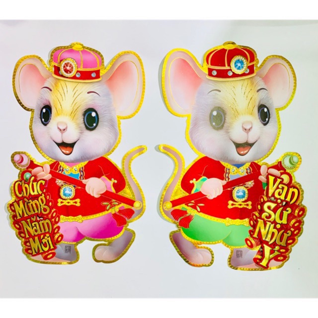 Bộ hình dán nổi hình hai chú chuột trang trí tết năm Canh Tí cao 42cm