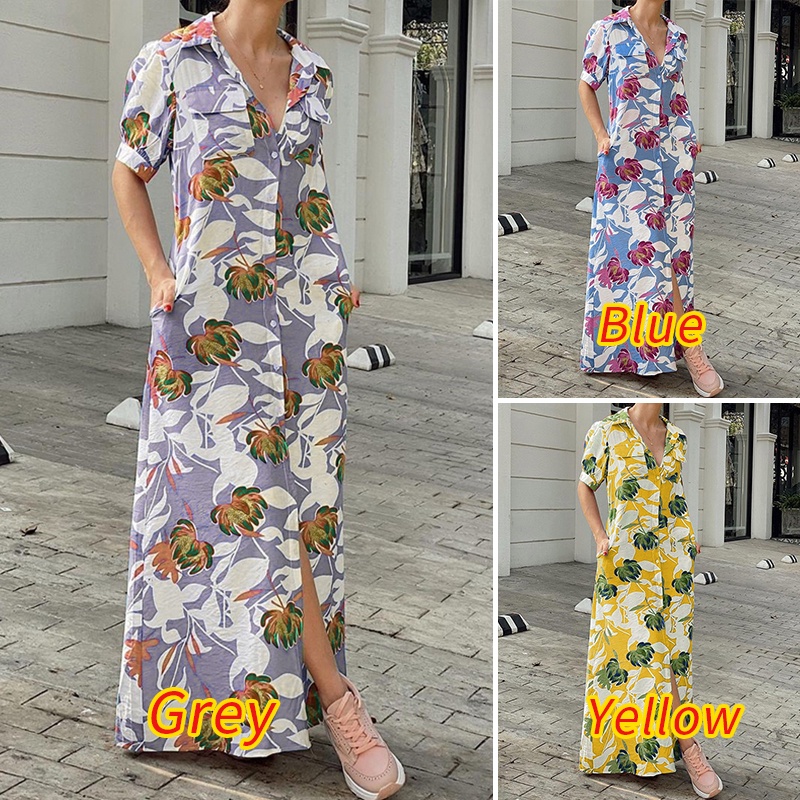 Đầm sơ mi ZANZEA tay ngắn hoạ tiết in hoa thời trang nữ tính thanh lịch