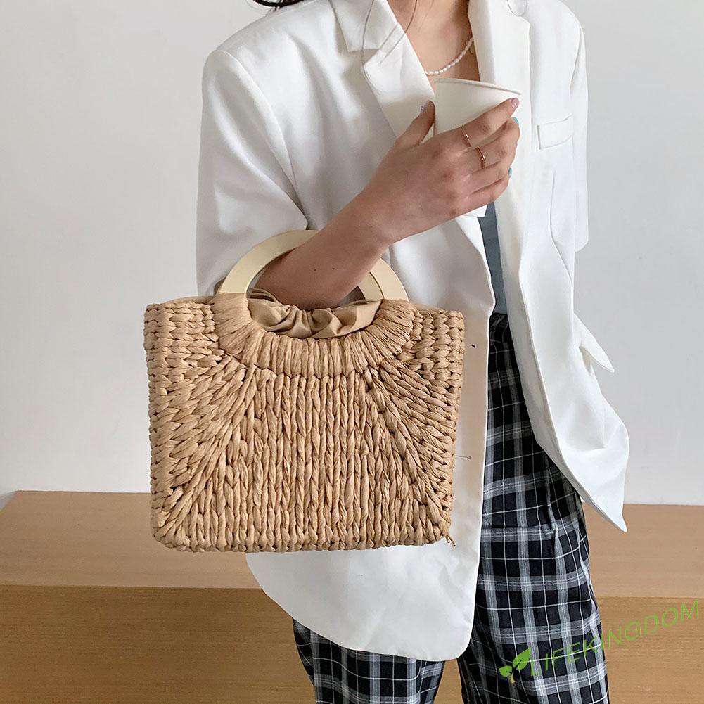 Retro Women Straw Woven Drawstring Pure Color Handbag Beach Shopping Bags