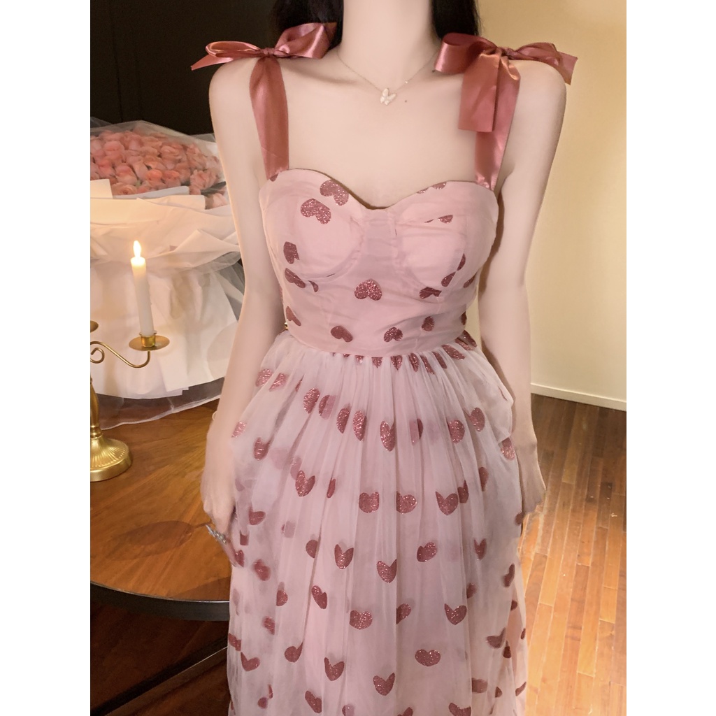 Đầm 2 dây lưới hồng trái tim cột nơ vai công chúa ulzzang