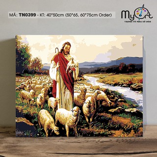 Tranh tự tô màu theo số sơn dầu số hóa Myart - Tranh tôn giáo Chúa Giê su chăn chiên Chúa và con chiên TN0399