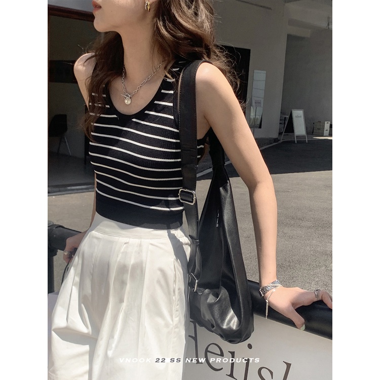 （hàng sẵn giao ngay）Aó Len Ba Lỗ Dệt Kim Sát Nách Kẻ Sọc Thời Trang Quyến Rũ Cho Nữ