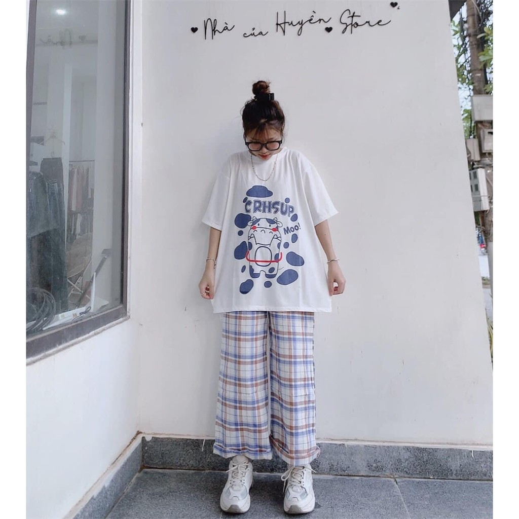 Bộ hè nữ áo thun tay lỡ con bò MOO quần kẻ suông ống rộng unisex/ Set bộ quần áo bigsize dáng thụng ulzzang_veestore