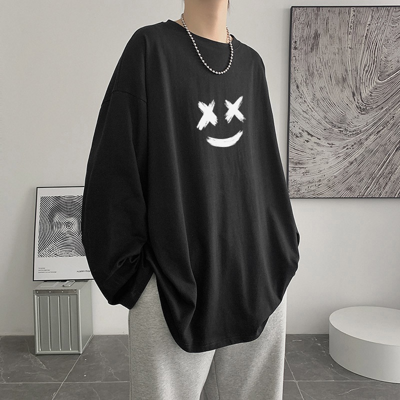 Áo Thun Tay Dài Dáng Rộng In Hình Mặt Cười Phong Cách Hip Hop Thời Trang Hàn Quốc Cho Nam