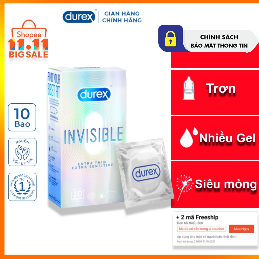 Bao cao su Durex Invisible 10 bao | Bao Durex siêu mỏng, nhiều gel | Shop che tên sản phẩm tuyệt đối.