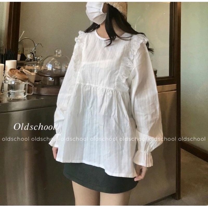 [Ảnh thật ] áo babydoll trắng viền ren bèo chun tay