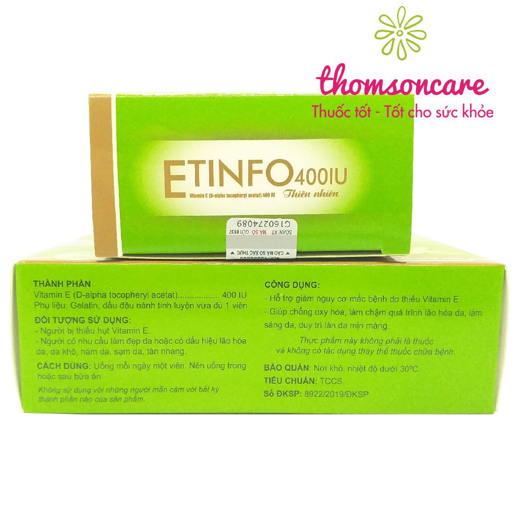 Bổ sung vitamin E 400IU - giúp làm đẹp da, ngăn ngừa lão hóa da - Etinfo - Hộp 30 viên | BigBuy360 - bigbuy360.vn