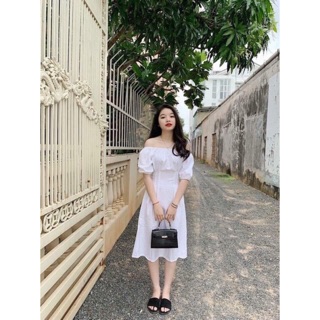 Đầm maxi trắng chít eo