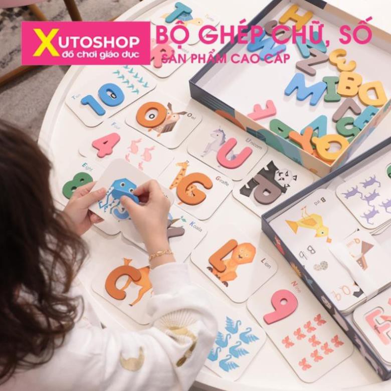 Bộ giáo cụ Montessori bảng chữ cái và số bằng gỗ hình con vật phát triển trí tuệ Xuto_Shopp