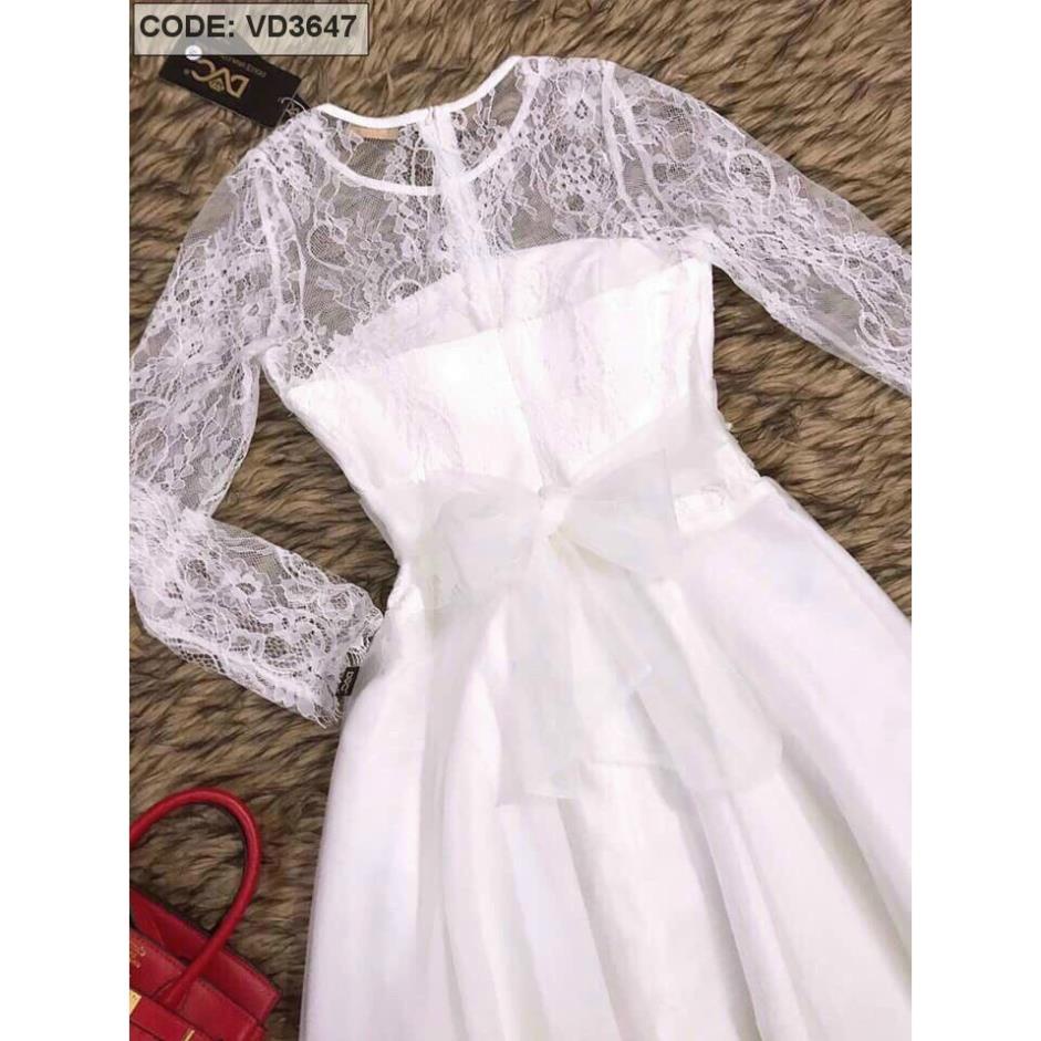 TBL-ảnh thật Đầm Xòe trắng Ren Phối Tùng Lưới Cứng Có Mút Ngực dự tiệc váy cưới
