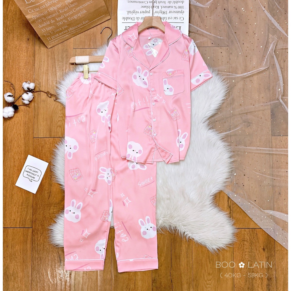 Đồ bộ nữ mặc nhà lụa latin cao cấp cổ pijama tay ngắn - Thỏ trắng