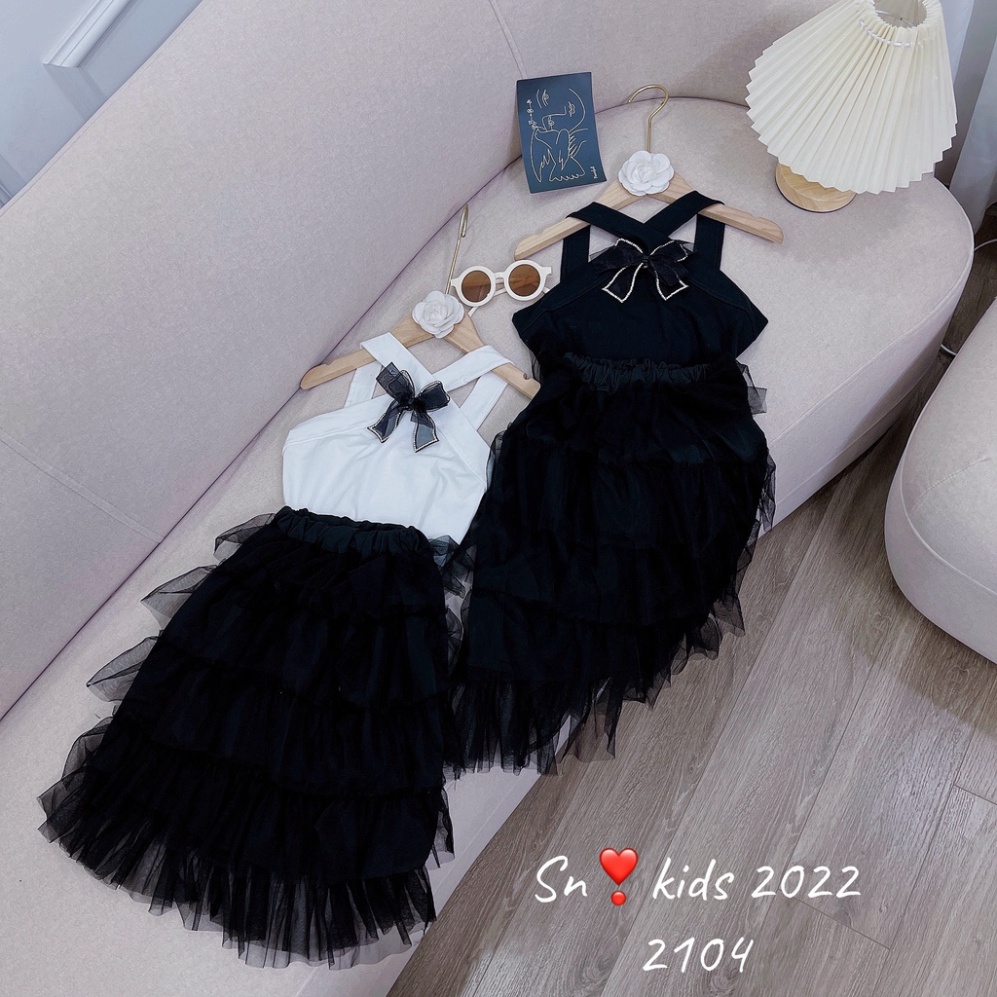 Sét bộ sang chảnh đi chơi đi tiệc cho bé gái, set áo yếm nơ phối chân váy voan tầng SN bé gái size 10-30kg