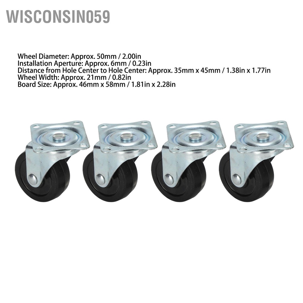 Wisconsin059 4 cái Bánh xe đẩy cao su xoay Vòng bi đôi với giá đỡ bằng thép không gỉ 2in