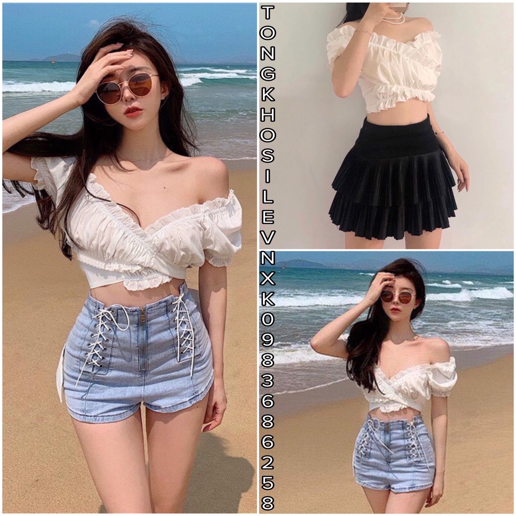 Áo Viền Bèo Croptop Trễ Vai Cổ Vạt Chéo Chun Ngực - Áo Cổ V Trắng Tay Phồng Chun Eo