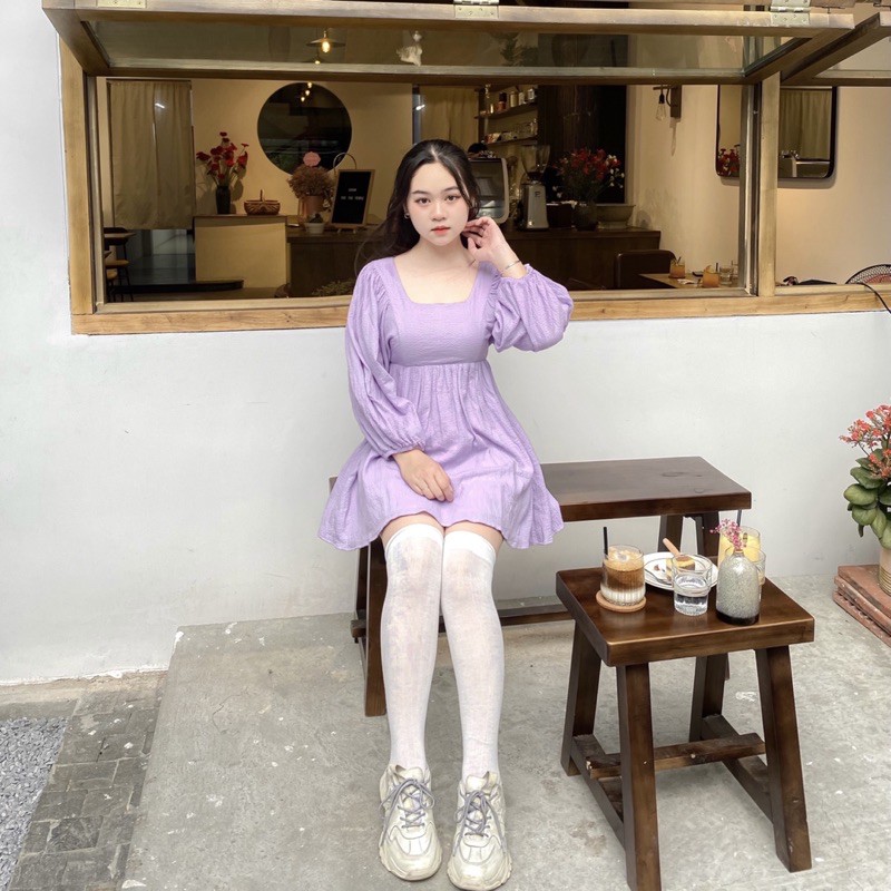 ĐẦM TÍM DÁNG NGẮN XÒE BỒNG TAY DÀI