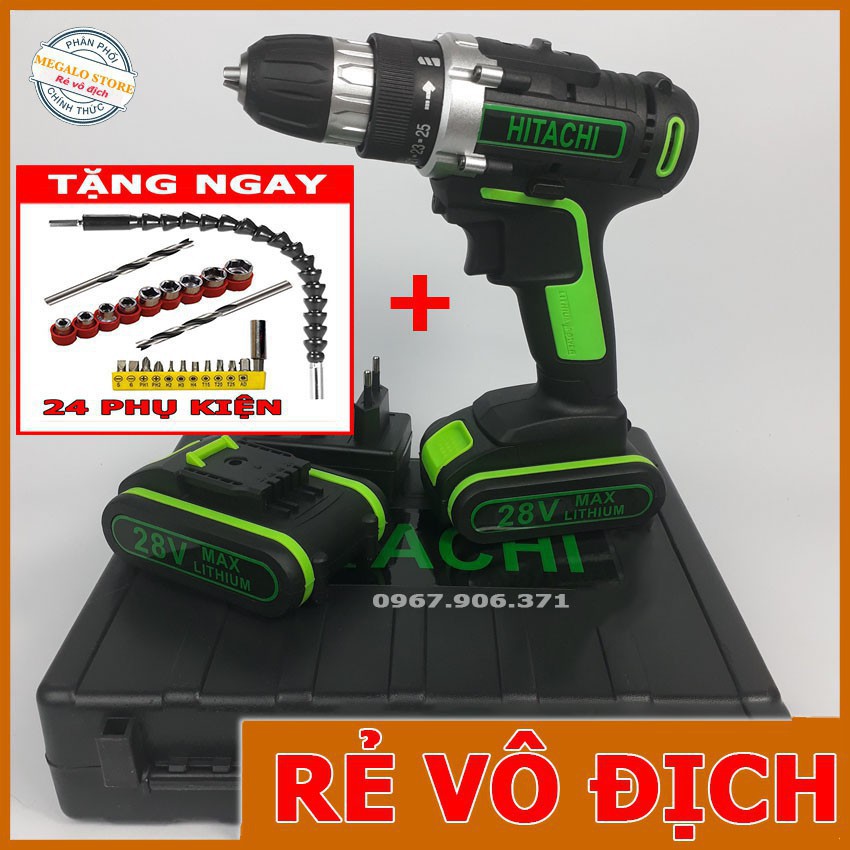 Máy Khoan Hitachi 28V, Khoan Pin Bắn Vít Tặng Kèm Bộ Phụ Kiện 24 Món