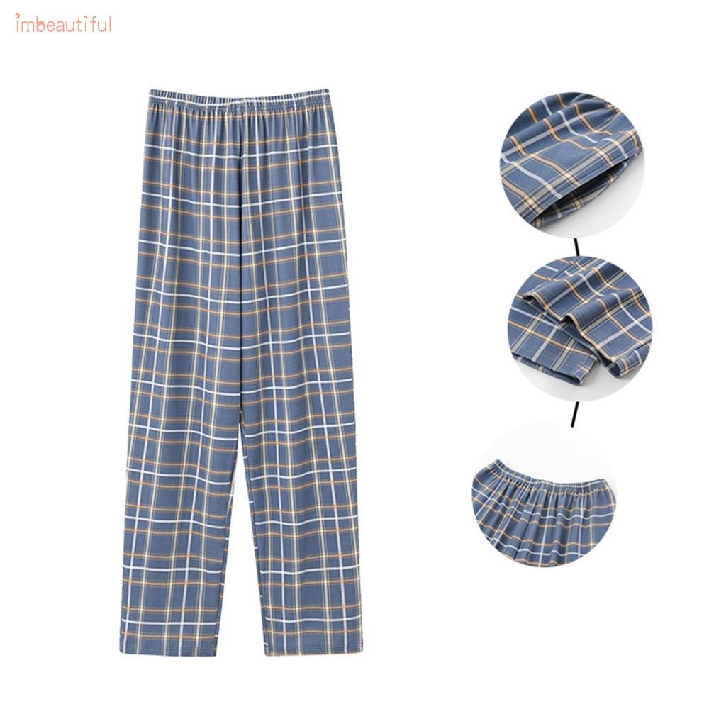 Quần dài mặc nhà vải cotton mỏng dáng rộng kẻ sọc ca rô thời trang mùa thu cho nam