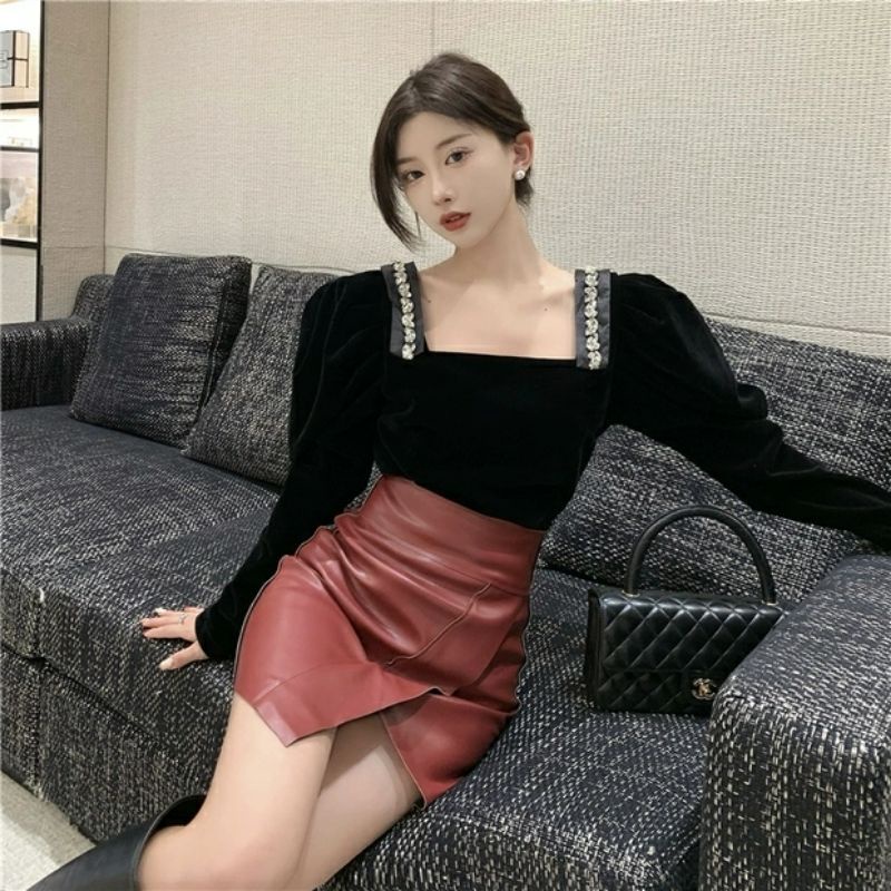 Set Áo Chất Nhung Cổ Vuông + Chân Váy Da Bóng PU Xẻ Vạt Phong Cách Tiểu Thư Mùa Thu Đông Cho Nữ