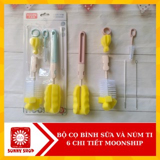 Bộ cọ rửa bình sữa và cọ núm ti 6 chi tiết moonship tiện lợi/ cây xúc bình sữa