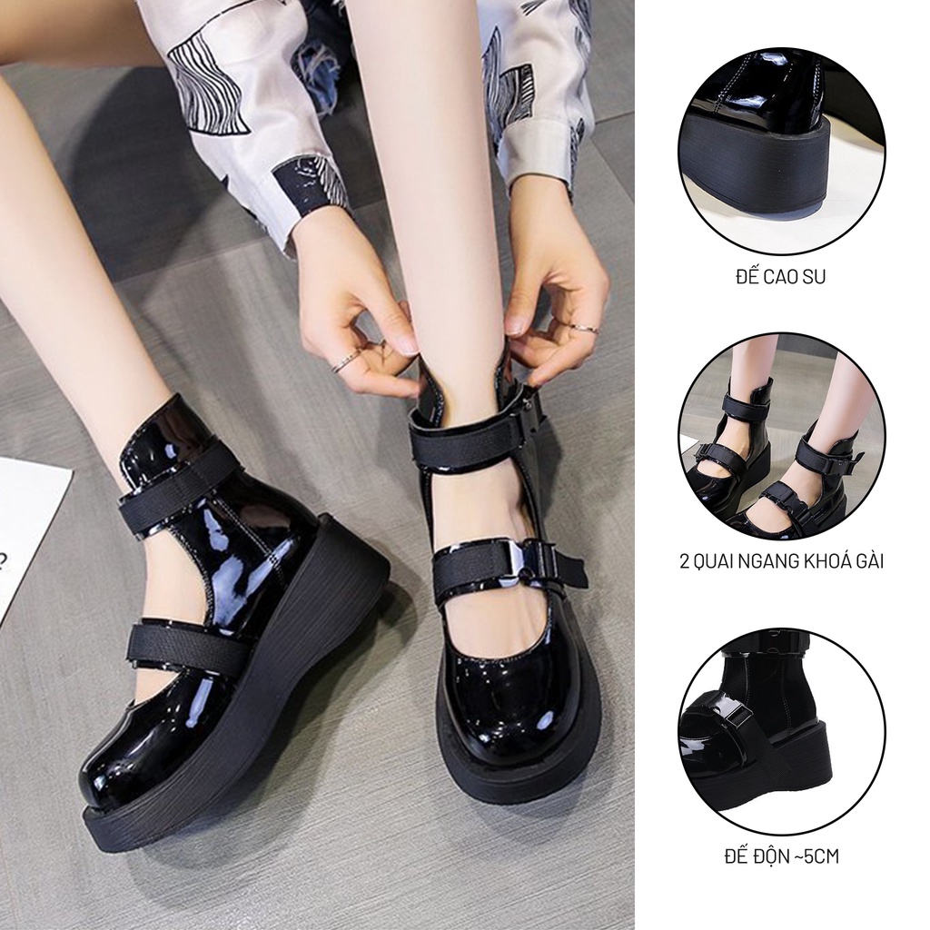 Giày Nữ Ulzzang Phong Cách Vintage, Giày Lolita Marry Jane Da Bóng Mũi Tròn Quai Ngang Gài Đế 5cm Hàn Quốc-Iclassy_shoes