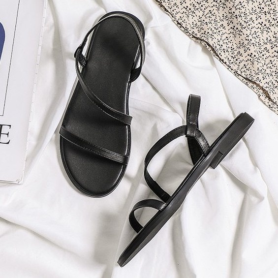 Sandal nữ đế bệt quai mảnh 2 quai ngang kiểu mới chất da mềm- dép nữ về 2 màu be, đen đi học đi chơi đi biển hàn quốc