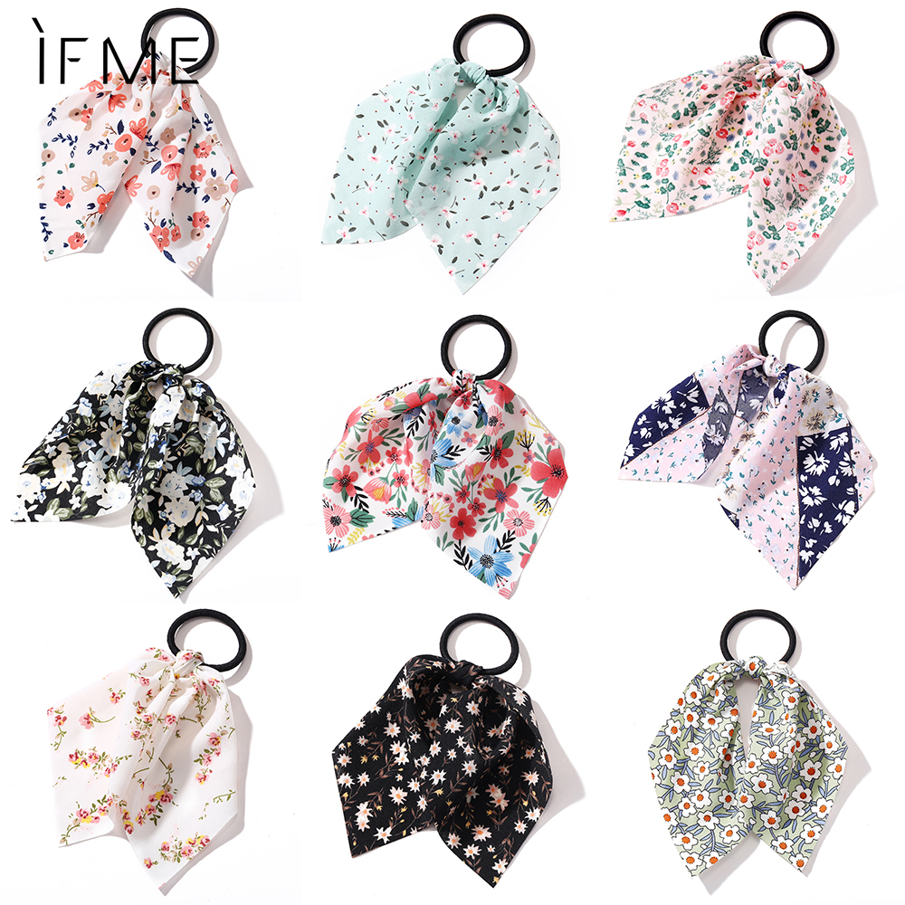 Ifme Fashion Print Flowers Chiffon Hair Tie Girls Ponytail Hair Band Elastic Rubber Band Women Headdress Hair Accessories
