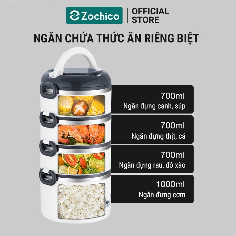 Hộp cơm giữ nhiệt 3 tầng và 4 tầng, hộp đựng cơm chất liệu inox 304, dung tích 3100ml kèm muỗng đũa và túi nhiệt Zochico