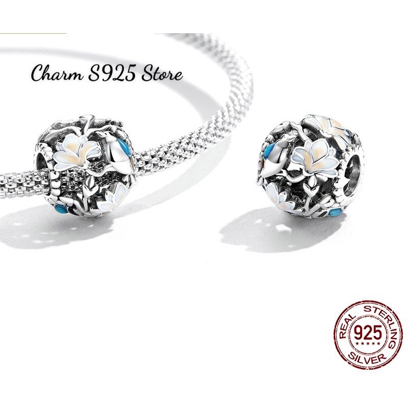 CHARM HOẠ TIẾT HOA VÀ CHIM XANH BẠC S925 CAO CẤP CHÍNH HÃNG