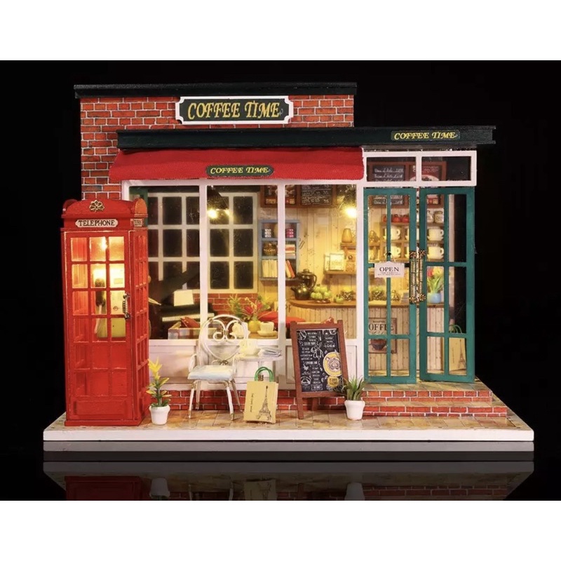 (Tặng mica,keo sữa,đèn)Mô hình quán coffee time Nhà búp bê bé tư lăp đô chơi bằng gỗ diy doll house M015