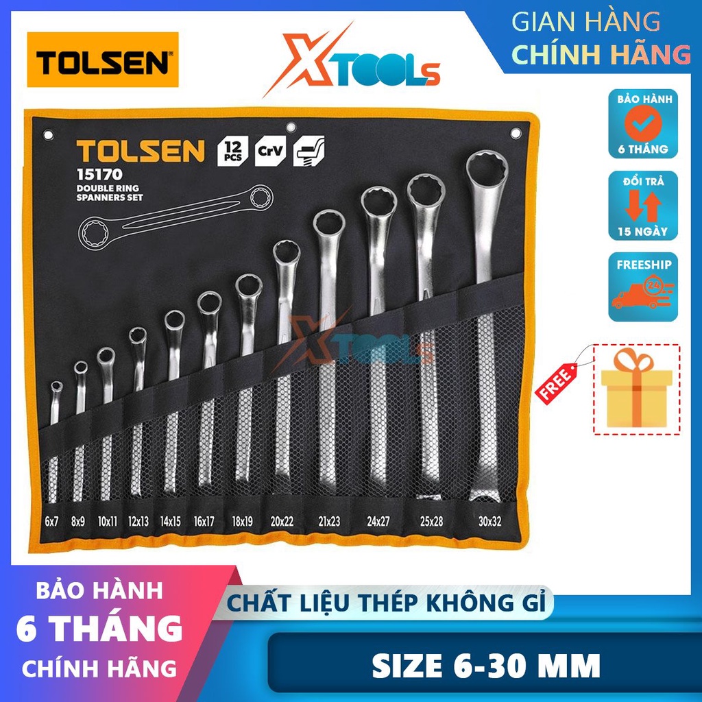 Bộ 12 Cờ Lê 2 Đầu Vòng 6-32mm Tolsen 15896, chất liệu thép Cr-V mạ crom, đánh bóng bề mặt độ bền cao[CHÍNH HÃNG][XTOOLS]