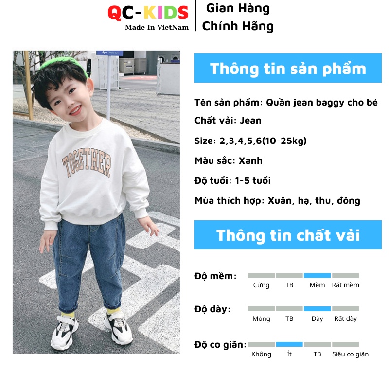 Quần jean bé gái 1 tuổi đến 5 tuổi QC-KIDS, Quần bò bé gái bé trai mí viền 10-25kg