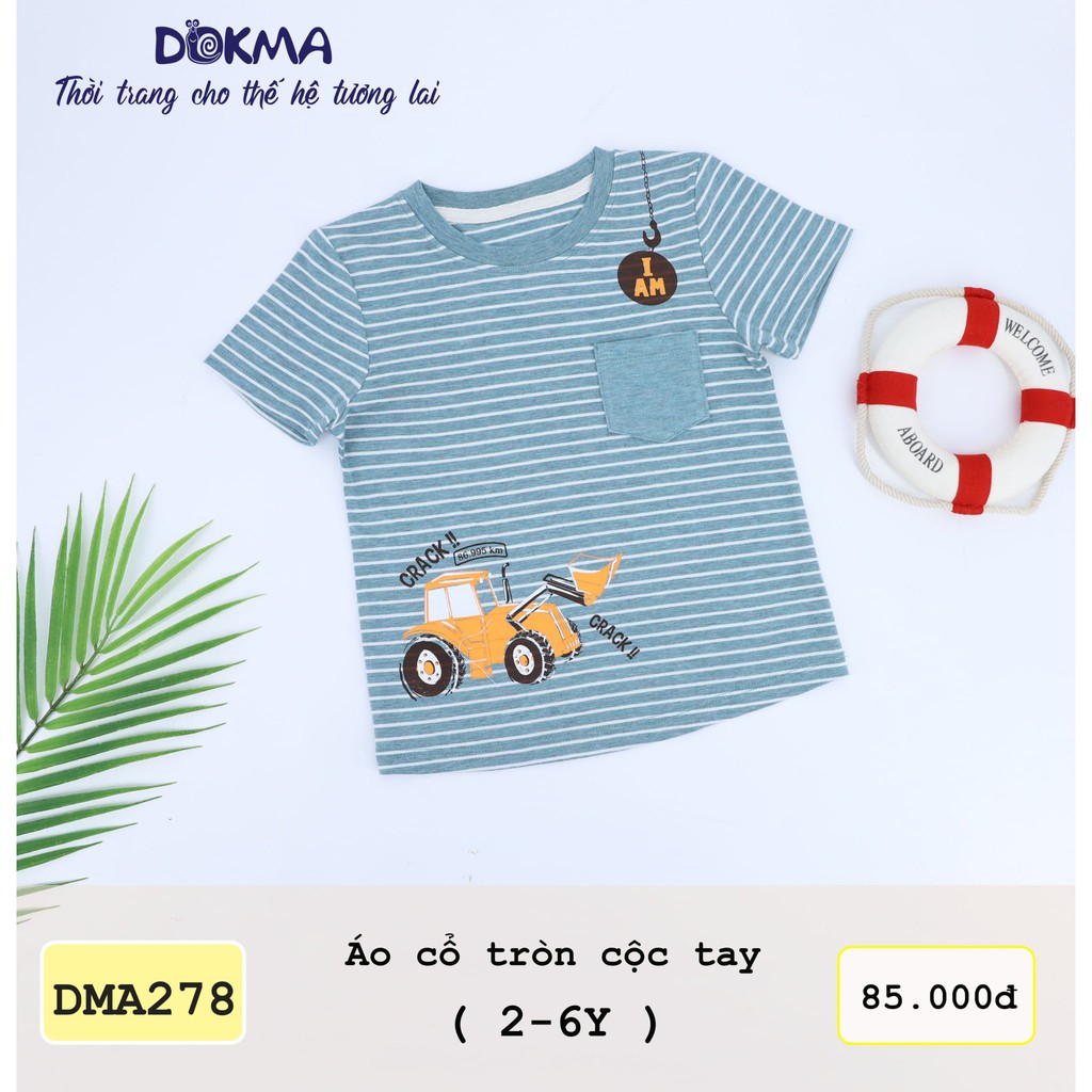 DMA278 Áo cổ tròn cộc tay bé trai Dokma kẻ ngang phối túi vải sợi tre (2-6T)