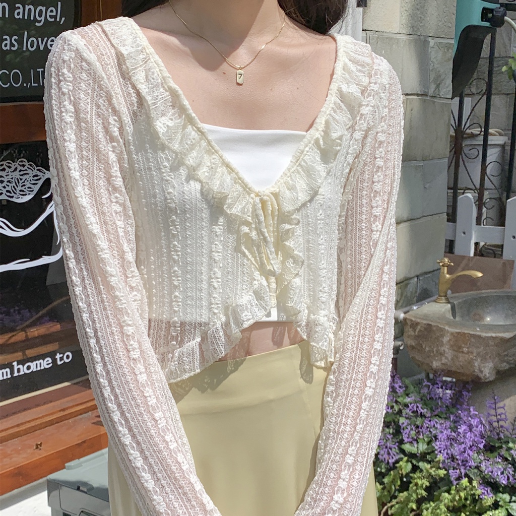 Áo khoác cardigan ren mỏng thắt nơ phong cách hàn quốc cực xinh KL14