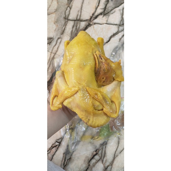 Gà ủ muối hoa tiêu nguyên con. Da giòn thịt dai. Gà kèm muối chấm tắc.