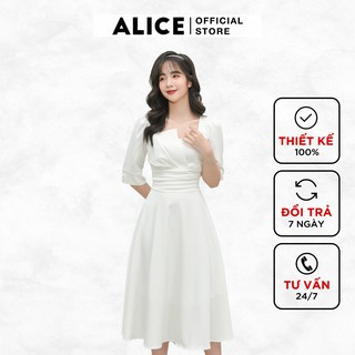Váy Nữ Xếp Ly Cổ Vuông ALICE Thiết Kế Dáng Dài Xòe Tay Lỡ Thắt Eo Cho Nữ Đi Chơi, Đi Dự Tiệc V677