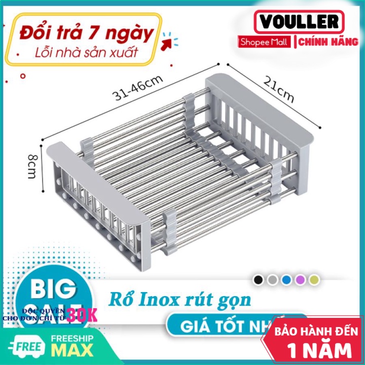 Rổ Vouller Inox Rút Gọn,  Rổ Inox Rút Gọn Để Bồn, Giá Inox Đa Năng Đặt Chậu Rửa Bát Rút Gọn