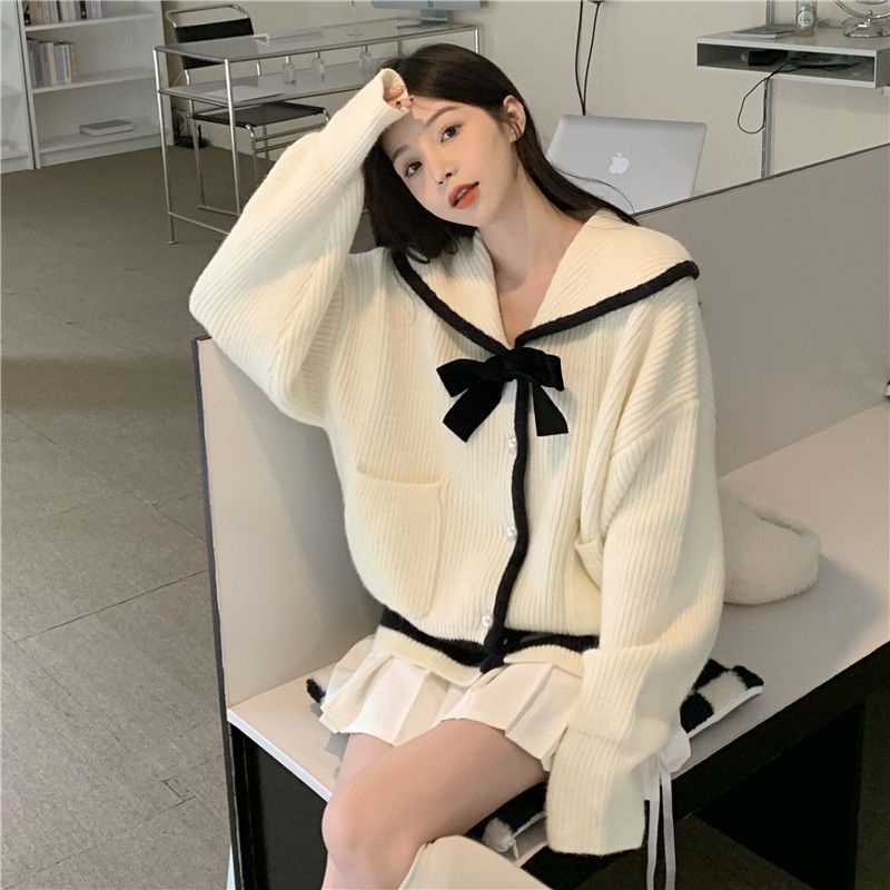 Áo Khoác Sweater Dệt Kim Dày Dặn Đính Nơ Thời Trang Thu Đông Hàn Quốc Mới
