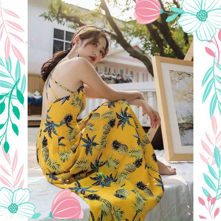 Váy Đầm Maxi Đi Biển 2 Dây Siêu Sang Kèm Tuban Đầm Maxi Hở Lưng QC13