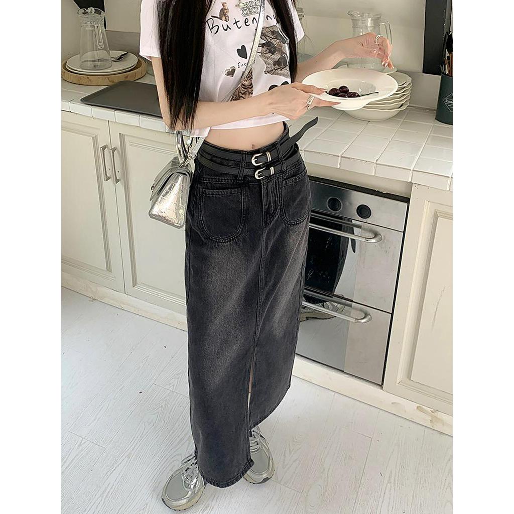 Chân Váy Denim Dáng Chữ A Lưng Cao Phối Thắt Lưng Phong Cách Retro Thời Trang Mùa Hè Hàng Mới 63754