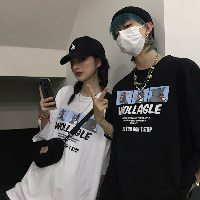 Áo thun % Hình thật B'Teen tay lỡ Unisex WOLLAGLE mèo