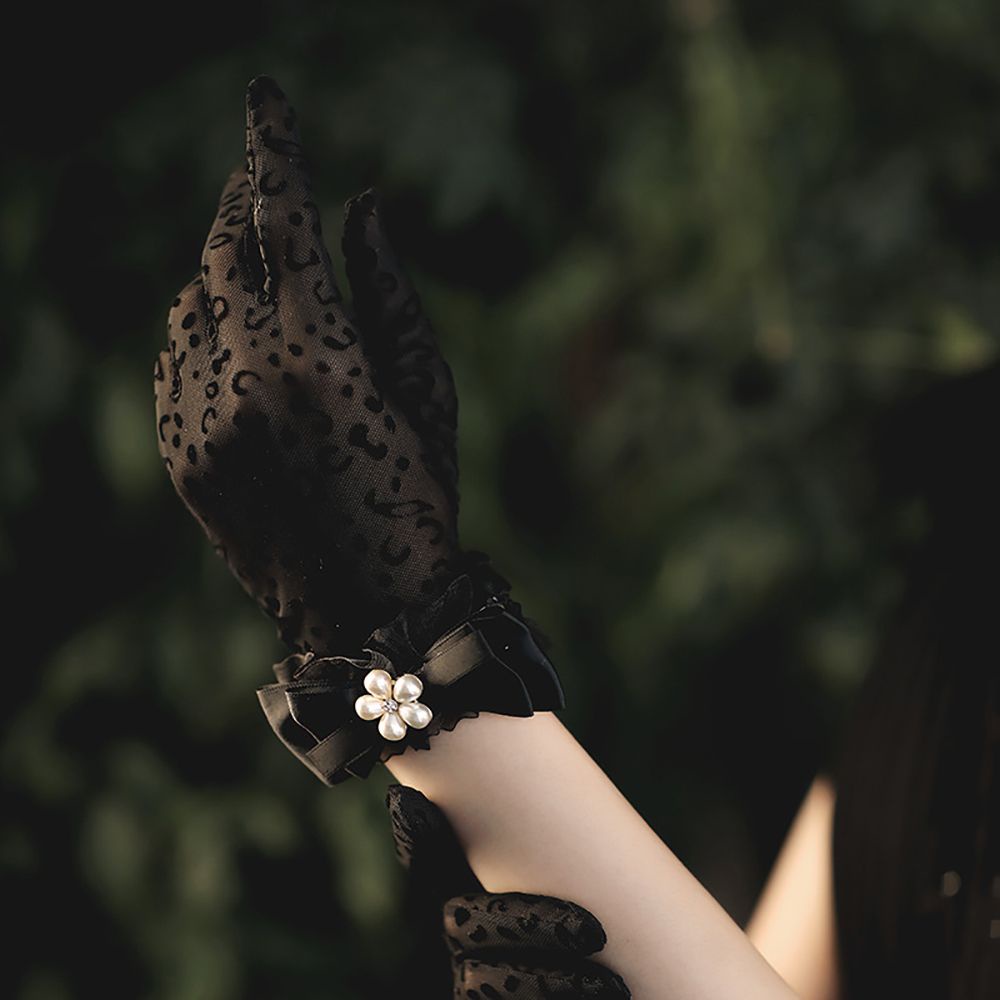 Găng Tay Lưới Toàn Bộ Ngón Tay Đính Nơ Và Ngọc Trai Thanh Lịch Cho Cô Dâu